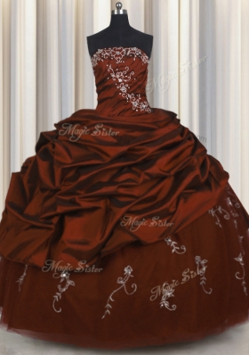 Attractive Embroidery Sleeveless Taffeta Floor Length Lace Up Quinceanera Gowns in Burgundy for with Beading and Appliques and Pick Ups