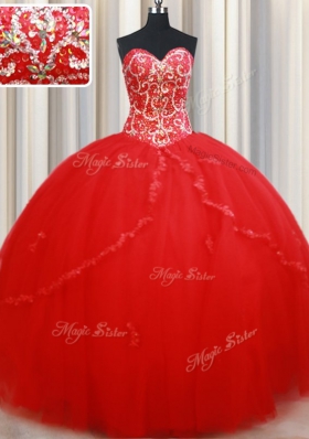 Colorful Red Ball Gowns Tulle Sweetheart Sleeveless Beading and Appliques Floor Length Lace Up Quince Ball Gowns