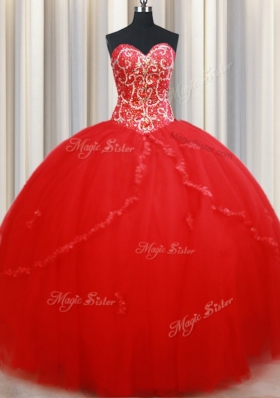 Colorful Red Ball Gowns Tulle Sweetheart Sleeveless Beading and Appliques Floor Length Lace Up Quince Ball Gowns