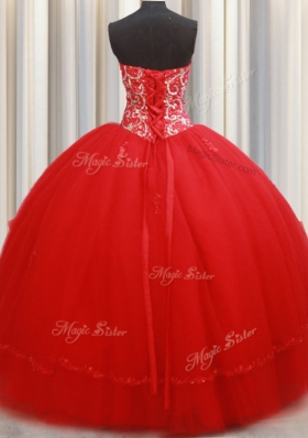 Colorful Red Ball Gowns Tulle Sweetheart Sleeveless Beading and Appliques Floor Length Lace Up Quince Ball Gowns