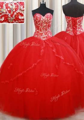 Colorful Red Ball Gowns Tulle Sweetheart Sleeveless Beading and Appliques Floor Length Lace Up Quince Ball Gowns