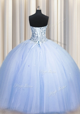Colorful Sequins Big Puffy Strapless Sleeveless Lace Up Vestidos de Quinceanera Blue Tulle