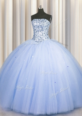 Colorful Sequins Big Puffy Strapless Sleeveless Lace Up Vestidos de Quinceanera Blue Tulle
