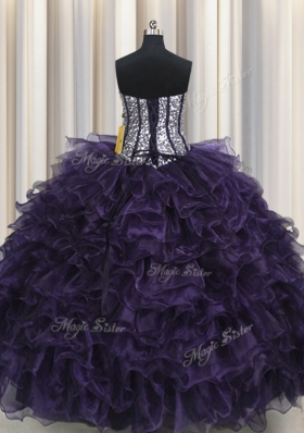 Cute Visible Boning Purple Ball Gowns Sweetheart Sleeveless Organza and Sequined Floor Length Lace Up Ruffles and Sequins Ball Gown Prom Dress