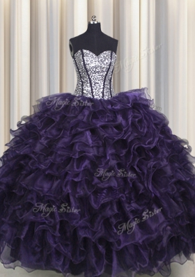 Cute Visible Boning Purple Ball Gowns Sweetheart Sleeveless Organza and Sequined Floor Length Lace Up Ruffles and Sequins Ball Gown Prom Dress