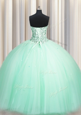 Excellent Puffy Skirt Apple Green Ball Gowns Beading and Sequins Sweet 16 Dresses Lace Up Tulle Sleeveless Floor Length