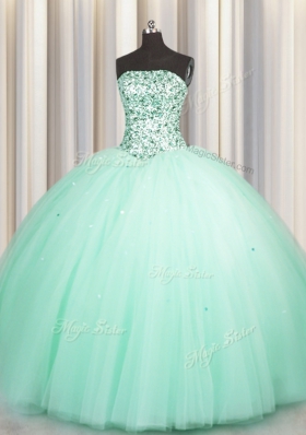 Excellent Puffy Skirt Apple Green Ball Gowns Beading and Sequins Sweet 16 Dresses Lace Up Tulle Sleeveless Floor Length