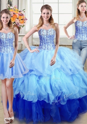 Fine Three Piece Floor Length Lace Up Quinceanera Dresses Multi-color and In for Military Ball and Sweet 16 and Quinceanera with Ruffles and Sequins