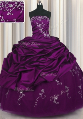 Fitting Purple Strapless Lace Up Beading and Embroidery and Pick Ups Sweet 16 Dress Sleeveless