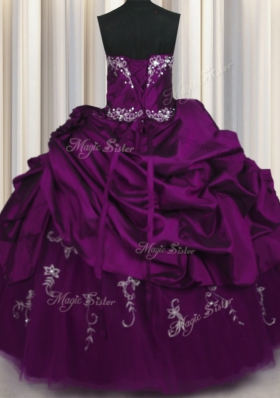 Fitting Purple Strapless Lace Up Beading and Embroidery and Pick Ups Sweet 16 Dress Sleeveless