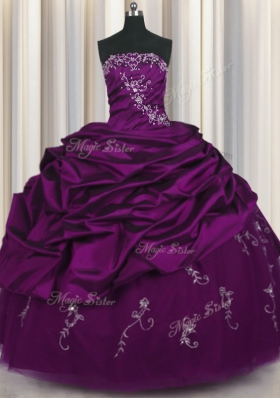 Fitting Purple Strapless Lace Up Beading and Embroidery and Pick Ups Sweet 16 Dress Sleeveless