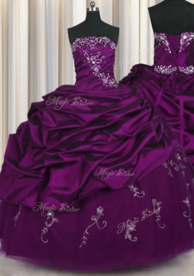 Fitting Purple Strapless Lace Up Beading and Embroidery and Pick Ups Sweet 16 Dress Sleeveless