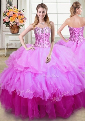 Fitting Three Piece Sequins Sweetheart Sleeveless Lace Up Quinceanera Gown Multi-color Organza