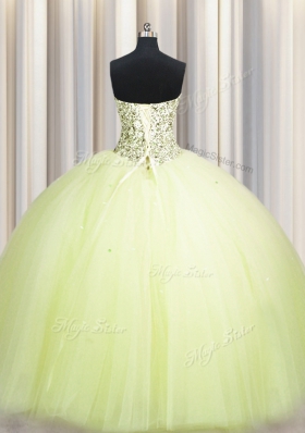 Flare Sequins Big Puffy Floor Length Light Yellow 15th Birthday Dress Strapless Sleeveless Lace Up