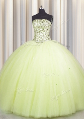 Flare Sequins Big Puffy Floor Length Light Yellow 15th Birthday Dress Strapless Sleeveless Lace Up