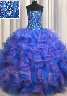 Floor Length Blue and Purple Sweet 16 Dresses Organza Sleeveless Beading and Ruffles