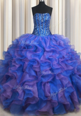 Floor Length Blue and Purple Sweet 16 Dresses Organza Sleeveless Beading and Ruffles