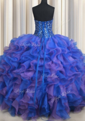 Floor Length Blue and Purple Sweet 16 Dresses Organza Sleeveless Beading and Ruffles