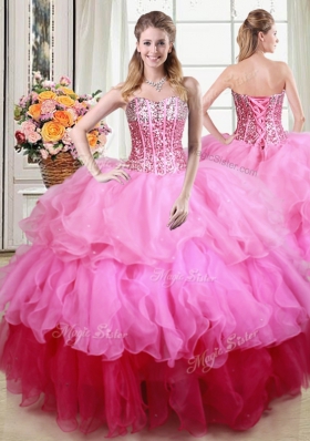 Four Piece Organza Sleeveless Floor Length 15th Birthday Dress and Ruffles and Sequins