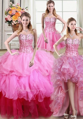 Four Piece Organza Sleeveless Floor Length 15th Birthday Dress and Ruffles and Sequins