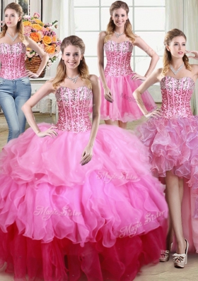 Four Piece Organza Sleeveless Floor Length 15th Birthday Dress and Ruffles and Sequins