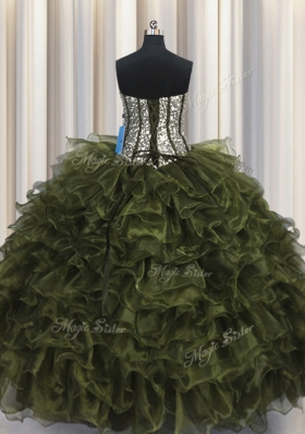 Modern Sequins Visible Boning Floor Length Ball Gowns Sleeveless Olive Green Ball Gown Prom Dress Lace Up