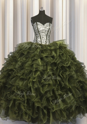 Modern Sequins Visible Boning Floor Length Ball Gowns Sleeveless Olive Green Ball Gown Prom Dress Lace Up