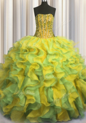 Modest Visible Boning Bling-bling Multi-color Sleeveless Floor Length Beading and Ruffles Lace Up Quinceanera Gowns