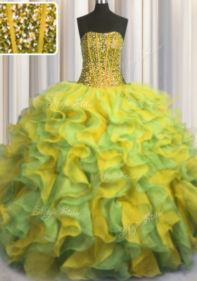 Modest Visible Boning Bling-bling Multi-color Sleeveless Floor Length Beading and Ruffles Lace Up Quinceanera Gowns