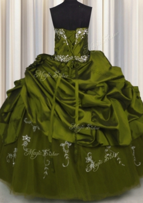 Pick Ups Embroidery Floor Length Olive Green Sweet 16 Dresses Strapless Sleeveless Lace Up