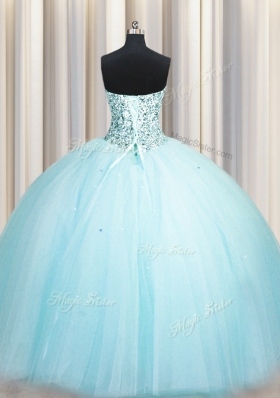 Really Puffy Aqua Blue Sleeveless Beading and Sequins Floor Length Quince Ball Gowns