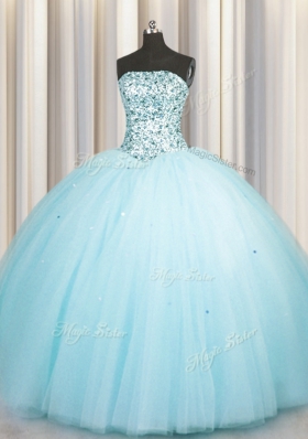 Really Puffy Aqua Blue Sleeveless Beading and Sequins Floor Length Quince Ball Gowns