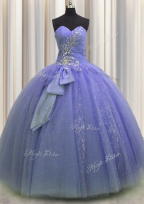Sweetheart Sleeveless Quinceanera Dresses Floor Length Beading and Sequins and Bowknot Lavender Tulle