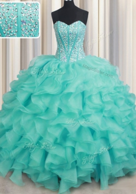 Turquoise Organza Lace Up Sweet 16 Quinceanera Dress Sleeveless Beading and Ruffles