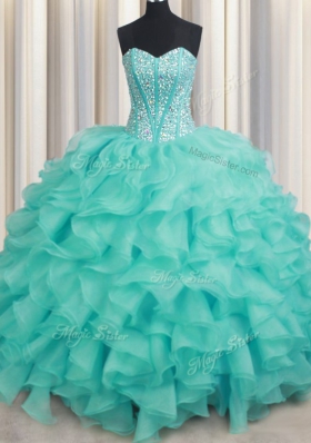 Turquoise Organza Lace Up Sweet 16 Quinceanera Dress Sleeveless Beading and Ruffles