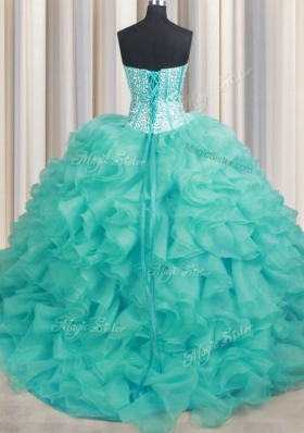 Turquoise Organza Lace Up Sweet 16 Quinceanera Dress Sleeveless Beading and Ruffles