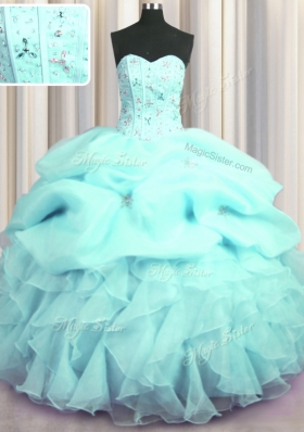 Visible Boning Aqua Blue Organza Lace Up Quinceanera Gown Sleeveless Floor Length Beading and Ruffles and Pick Ups