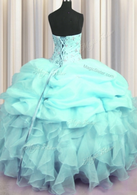 Visible Boning Aqua Blue Organza Lace Up Quinceanera Gown Sleeveless Floor Length Beading and Ruffles and Pick Ups