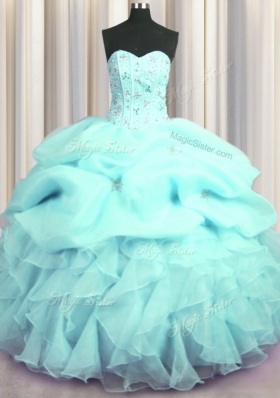 Visible Boning Aqua Blue Organza Lace Up Quinceanera Gown Sleeveless Floor Length Beading and Ruffles and Pick Ups