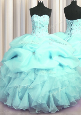 Visible Boning Aqua Blue Organza Lace Up Quinceanera Gown Sleeveless Floor Length Beading and Ruffles and Pick Ups