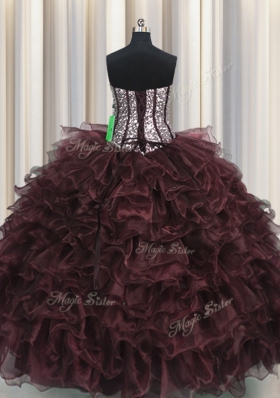 Visible Boning Floor Length Lace Up Quinceanera Dress Brown and In for Military Ball and Sweet 16 and Quinceanera with Ruffles and Sequins