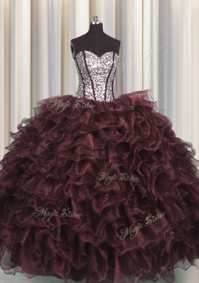 Visible Boning Floor Length Lace Up Quinceanera Dress Brown and In for Military Ball and Sweet 16 and Quinceanera with Ruffles and Sequins
