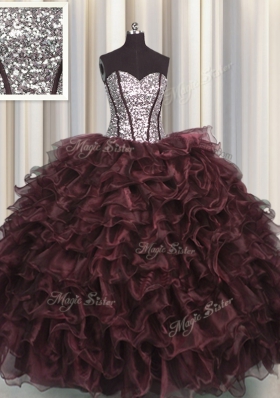 Visible Boning Floor Length Lace Up Quinceanera Dress Brown and In for Military Ball and Sweet 16 and Quinceanera with Ruffles and Sequins