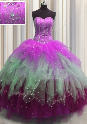 Visible Boning Multi-color Sleeveless Beading and Ruffles and Sequins Floor Length Quinceanera Gown