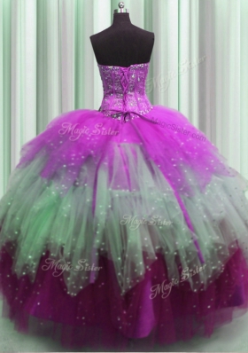 Visible Boning Multi-color Sleeveless Beading and Ruffles and Sequins Floor Length Quinceanera Gown