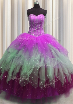 Visible Boning Multi-color Sleeveless Beading and Ruffles and Sequins Floor Length Quinceanera Gown