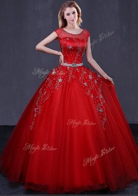 Admirable Scoop Red Cap Sleeves Beading and Belt Floor Length 15th Birthday Dress