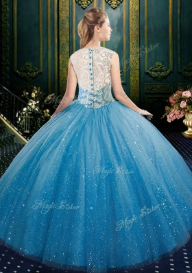 Adorable Tulle High-neck Sleeveless Zipper Lace Quinceanera Gowns in Blue