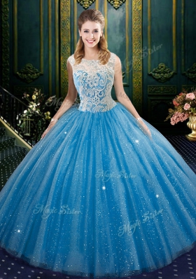 Adorable Tulle High-neck Sleeveless Zipper Lace Quinceanera Gowns in Blue