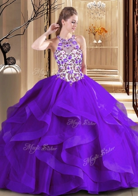 Amazing Scoop Ball Gowns Sleeveless Purple Sweet 16 Dress Brush Train Lace Up